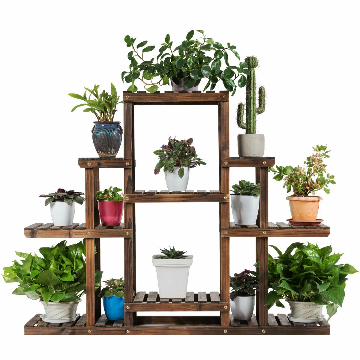 Six-tier solid wood plant stand with open shelves and carbonized finish