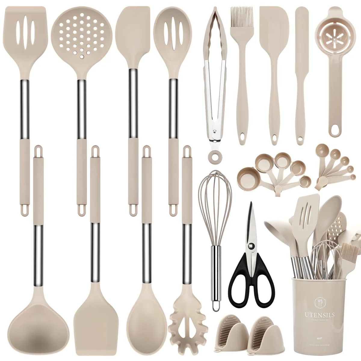 Beige 28-piece silicone utensil set with stainless steel handles in a holder