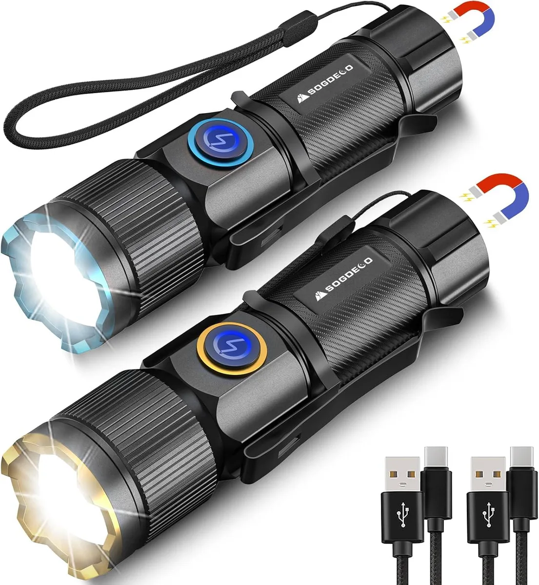 Two small silver aluminium flashlights with magnetic bases and pocket clips side by side