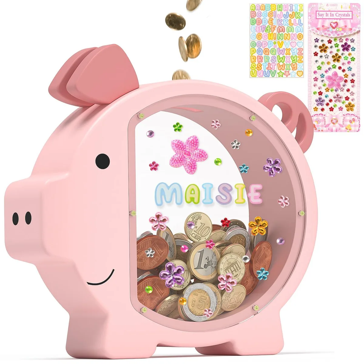  Pink Piggy Bank Girls Clear Wooden Money Box with DIY Stickers 9.5 in — product photo