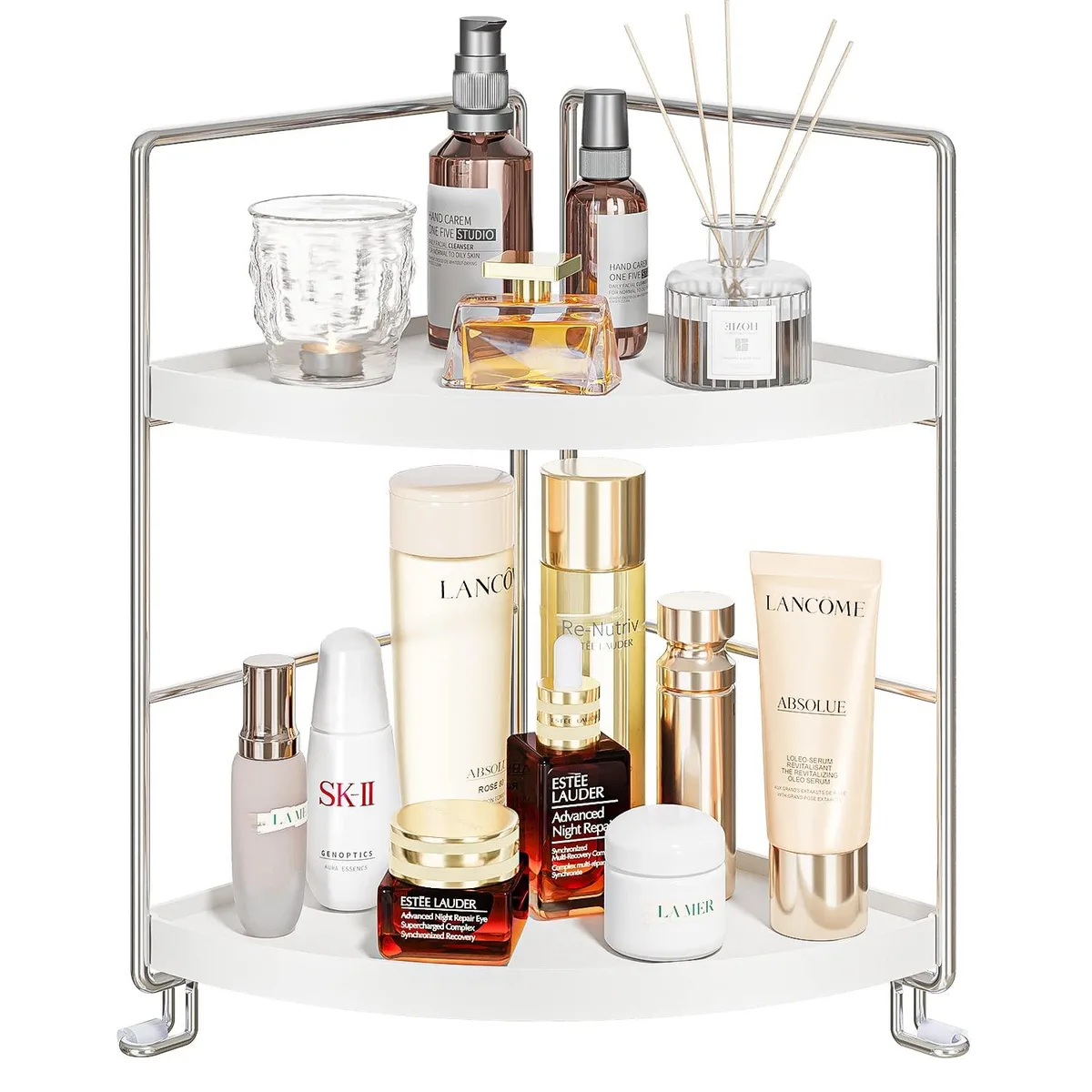Silver stainless steel two-tier corner shelf with glossy finish, 6.7 inches wide, minimalist design