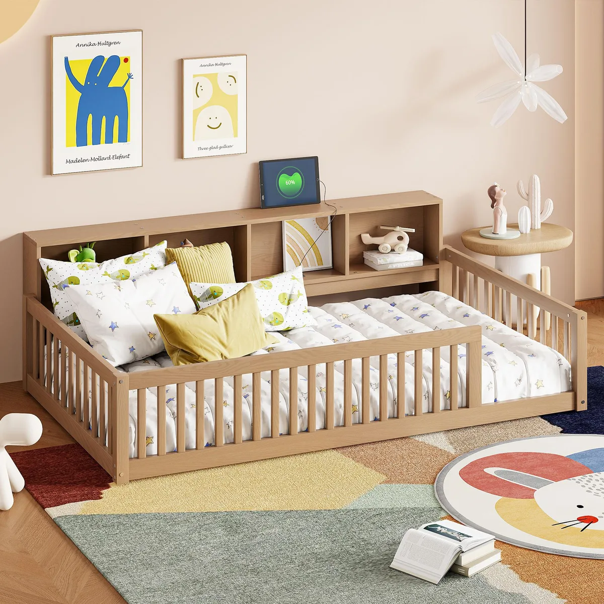 tuphen tuphen Wood Twin XL Floor Bed with Storage &amp; USB, Brown — product photo