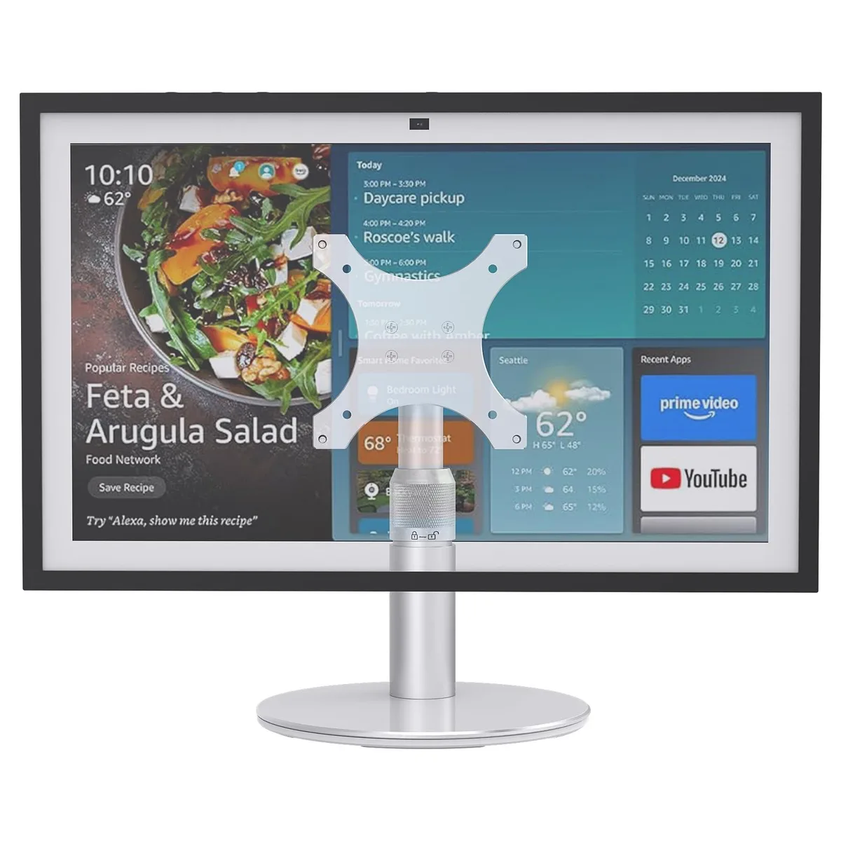 Silver metal stand with adjustable arm and circular base for Echo Show 15 and 21