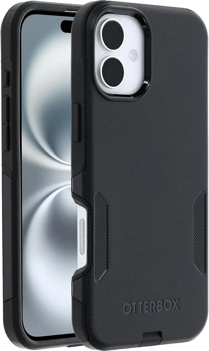 Black OtterBox Commuter Series case for iPhone 16 Plus, two-layer slim design with matte finish