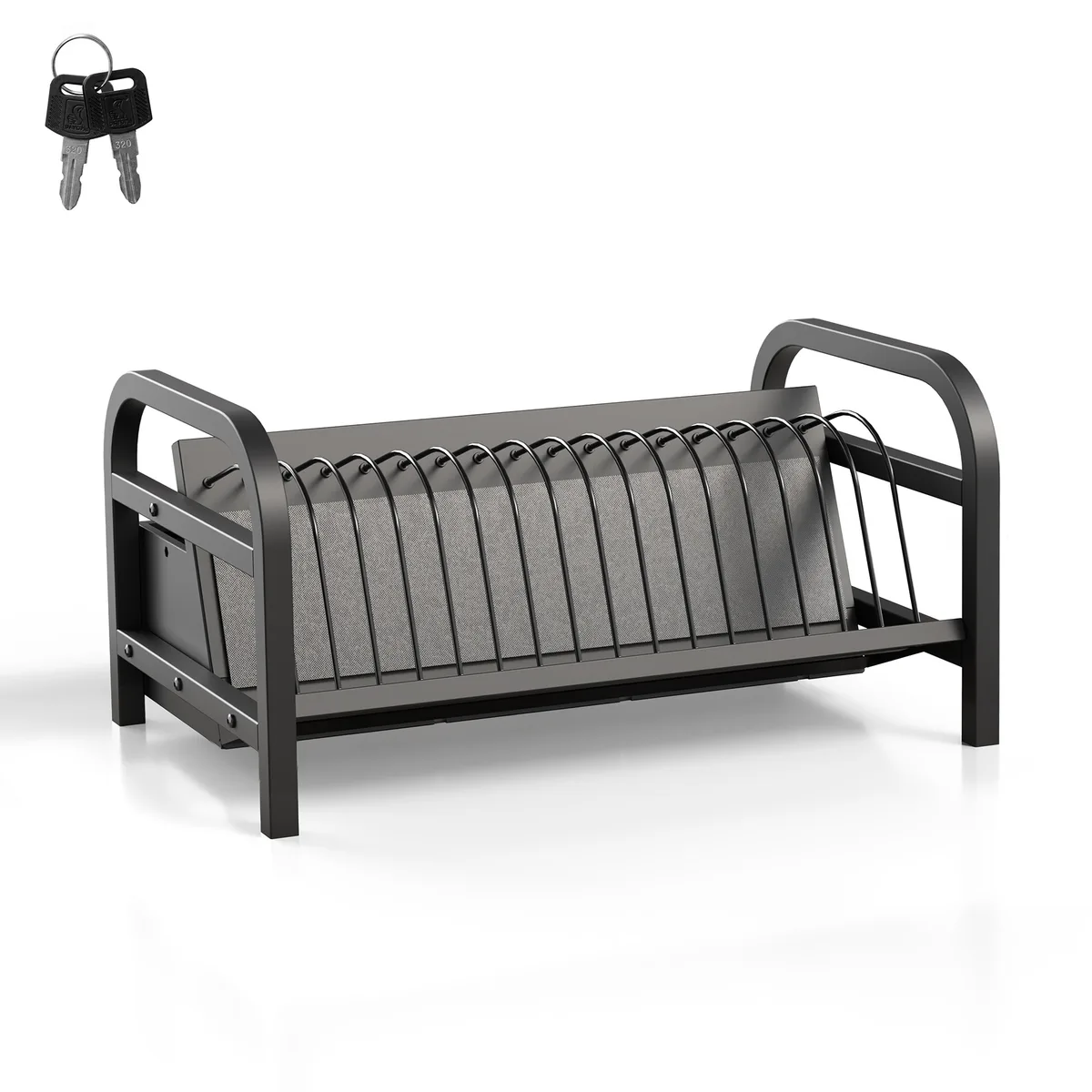 Black steel tabletop charging station with 16 padded bays and lockable cable compartment