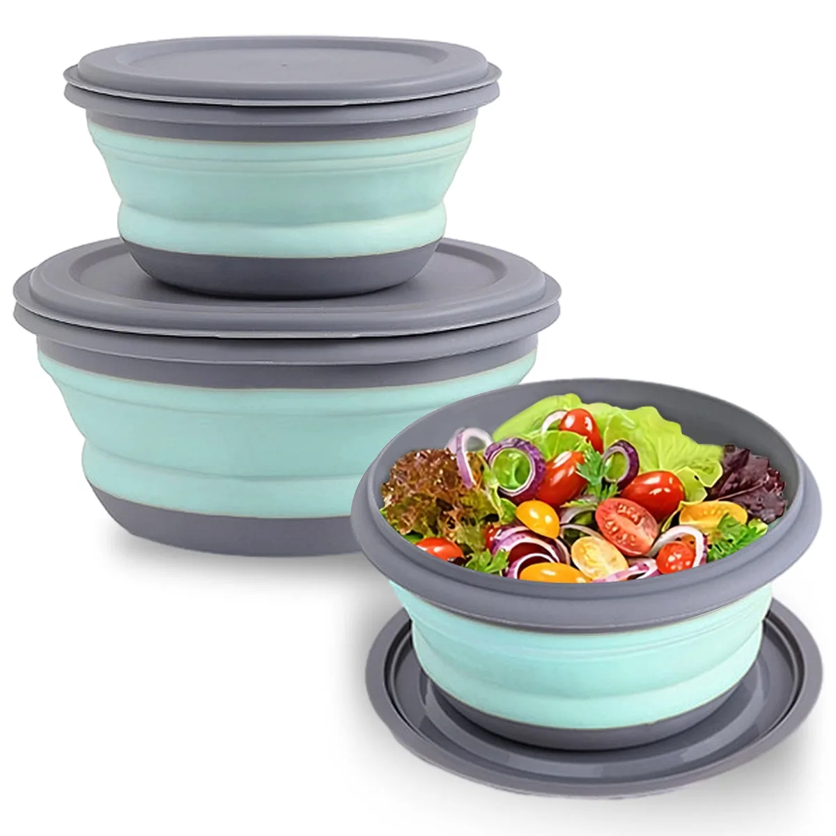 Three blue collapsible silicone bowls with lids, nested flat