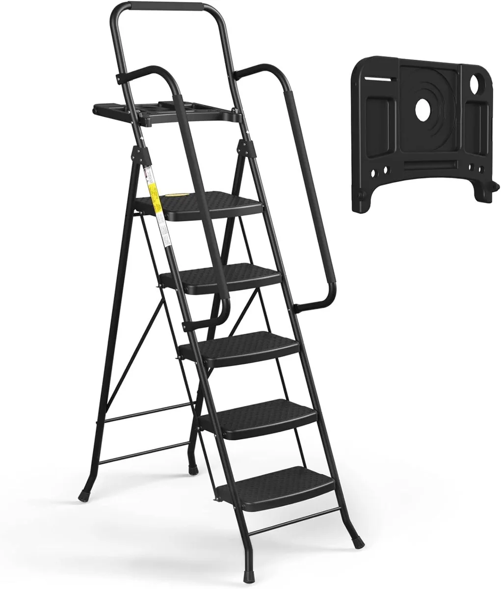 Silver steel five-step folding ladder with handrail and tool platform, open stance visible