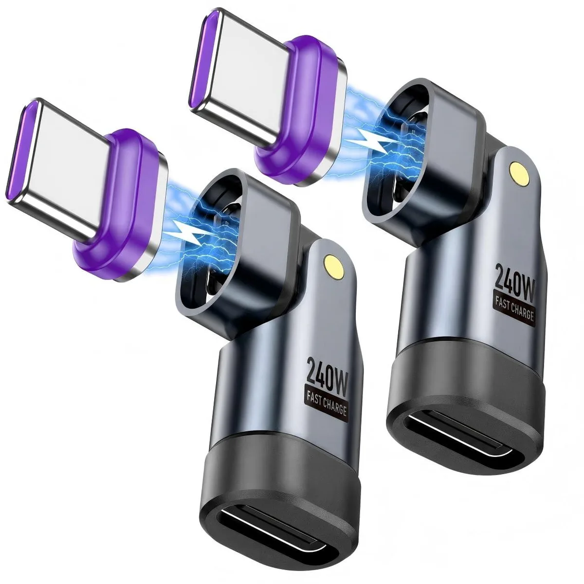 Two purple USB-C magnetic right-angle adapters with 180-degree rotation