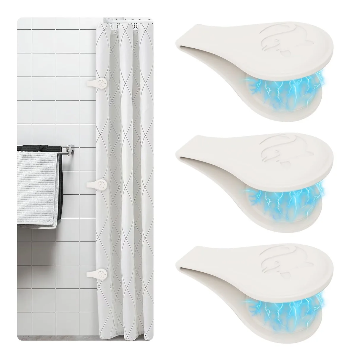Three white silicone magnetic clips on a plain background
