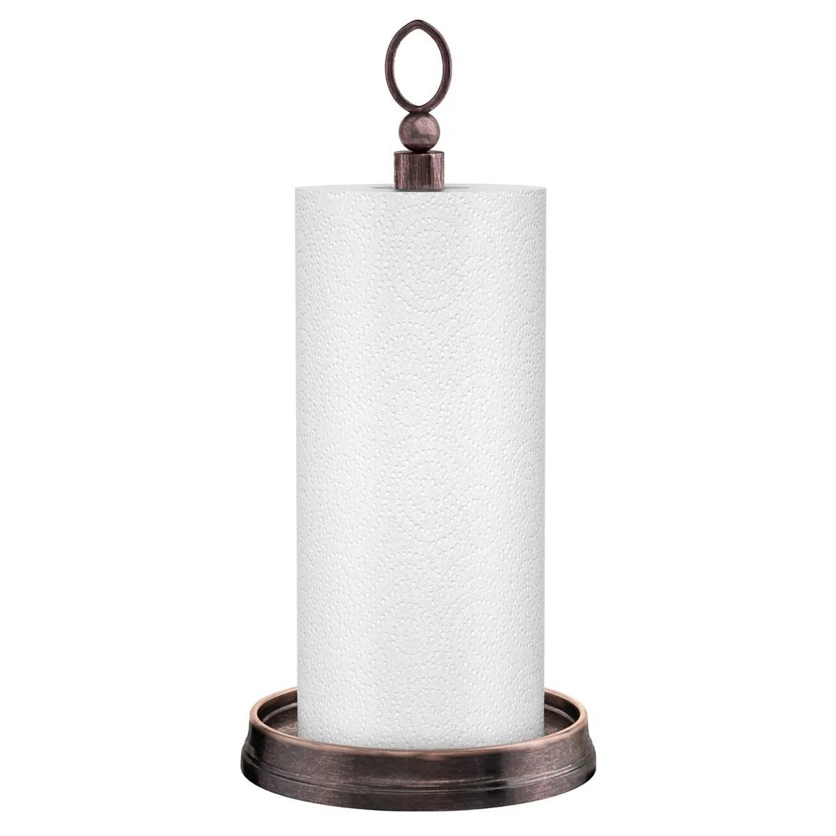 Freestanding oil-rubbed bronze steel paper towel holder with weighted circular base and top ring