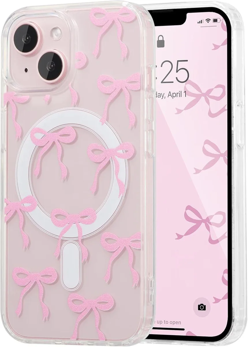 Clear slim iPhone 15 case with pink bow print and MagSafe magnets