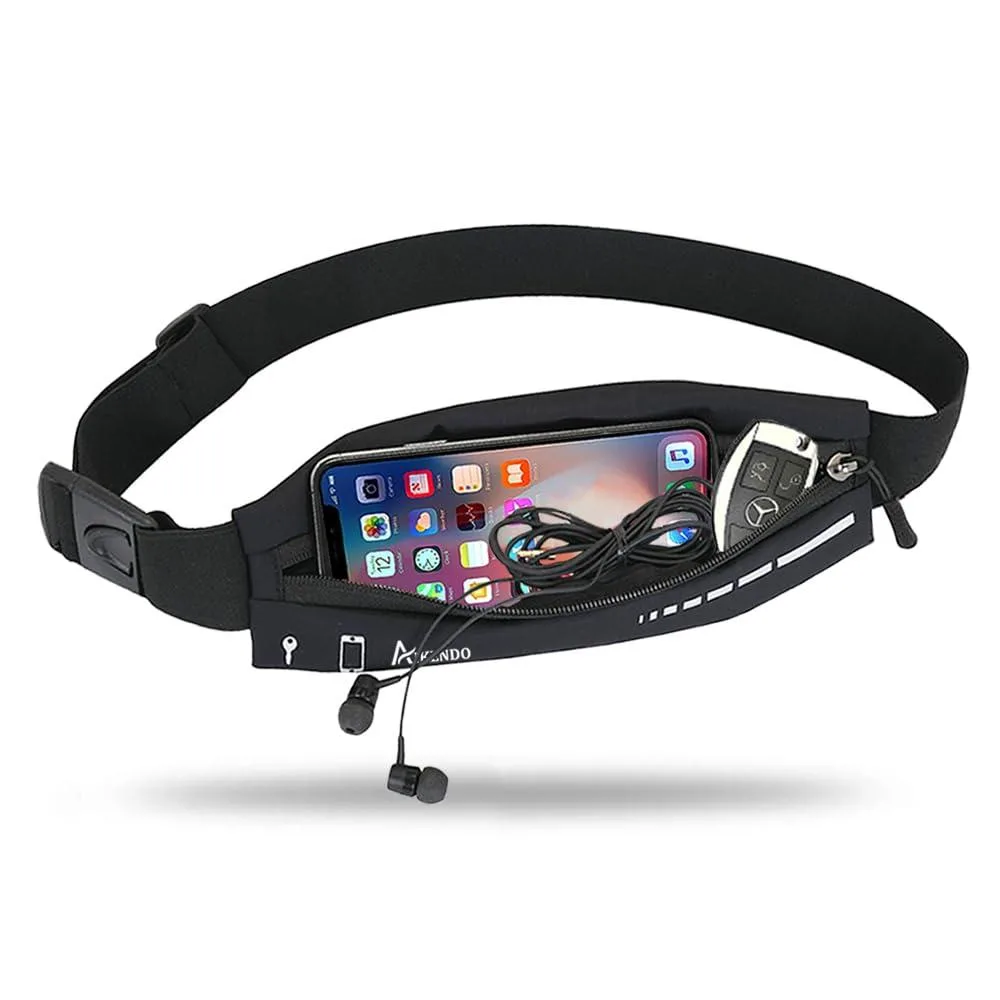 Black spandex waist pack with zipper and adjustable strap, shown flat
