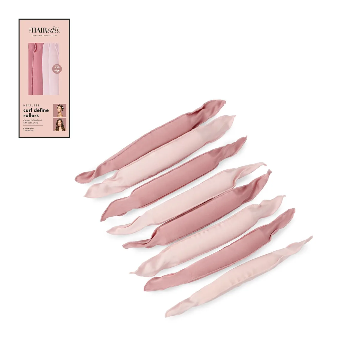 Eight pink cylindrical soft rollers on a flat surface