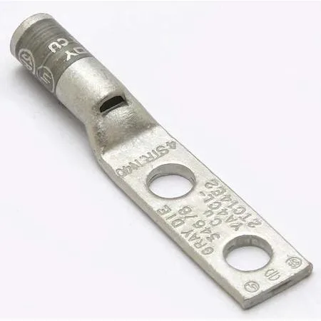 Copper two-hole compression lug, gray barrel, straight tongue, .5 in wide, .75 in hole spacing, 1/4 in stud size