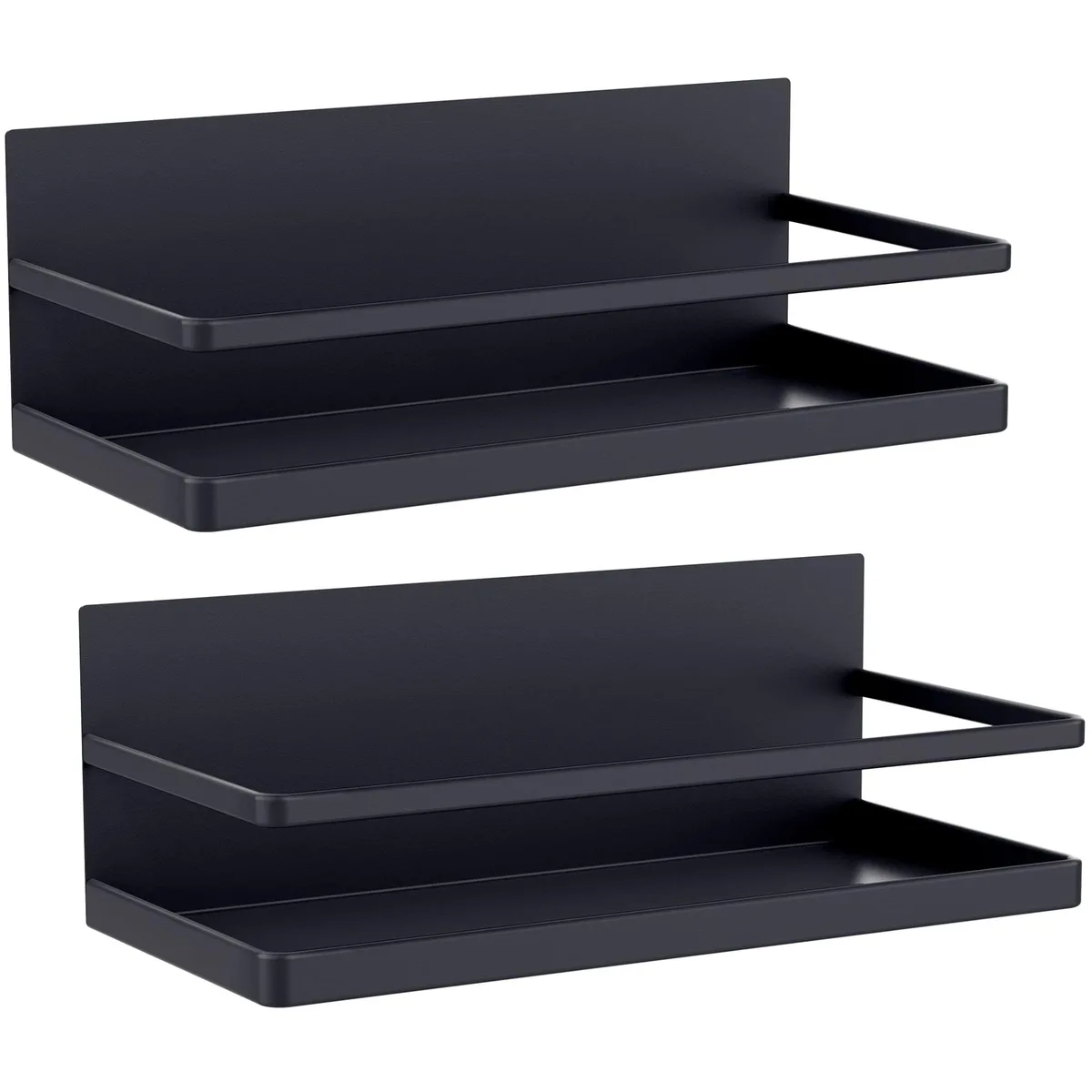 Two red magnetic steel shelves with rounded corners, each 9.7 by 4.35 by 3.4 inches