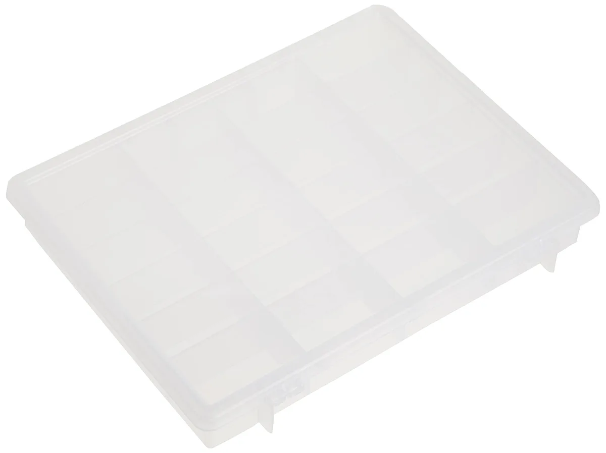 Transparent plastic portable organiser with 24 fixed compartments and ProLatch locking system