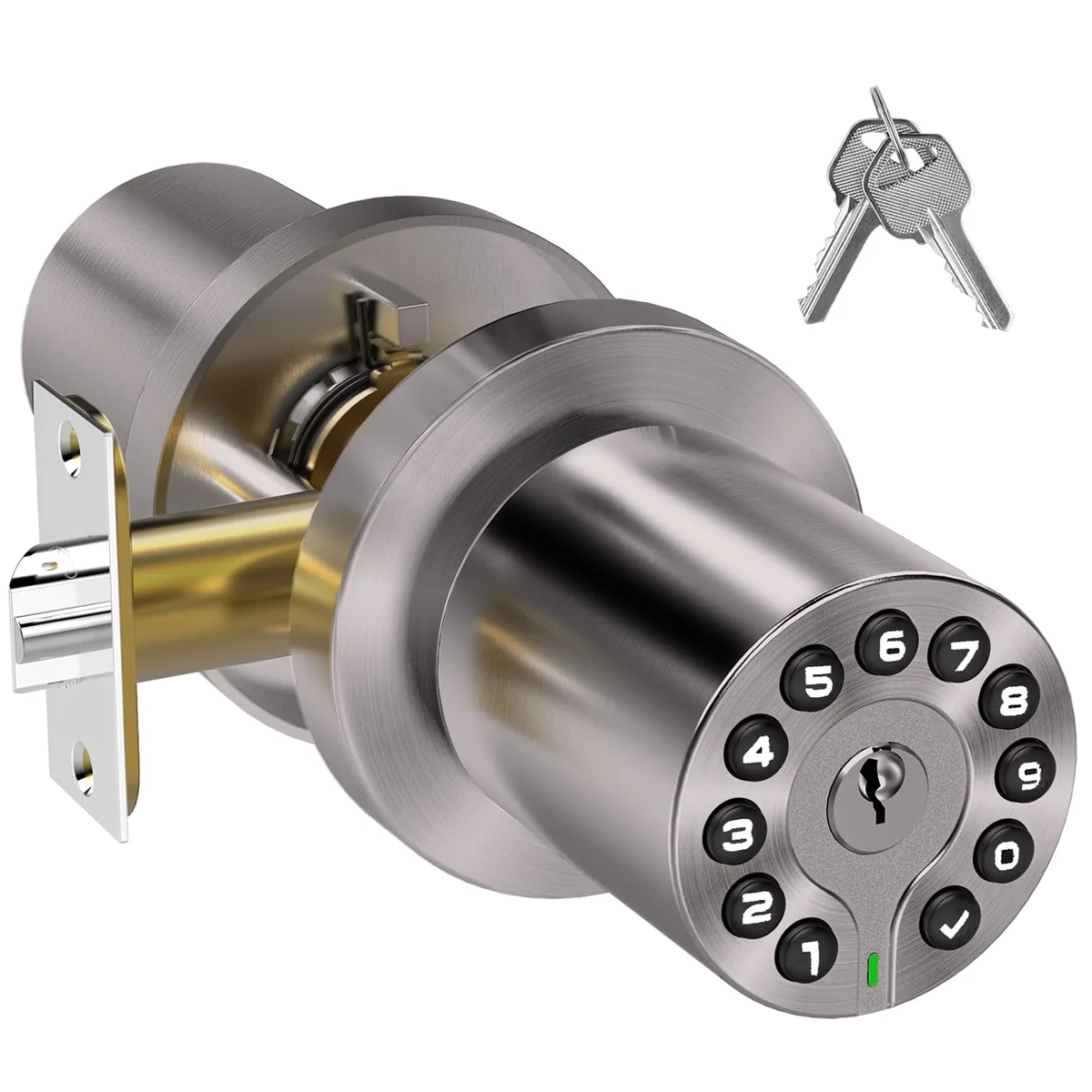 Black electronic door knob with backlit keypad and key cylinder