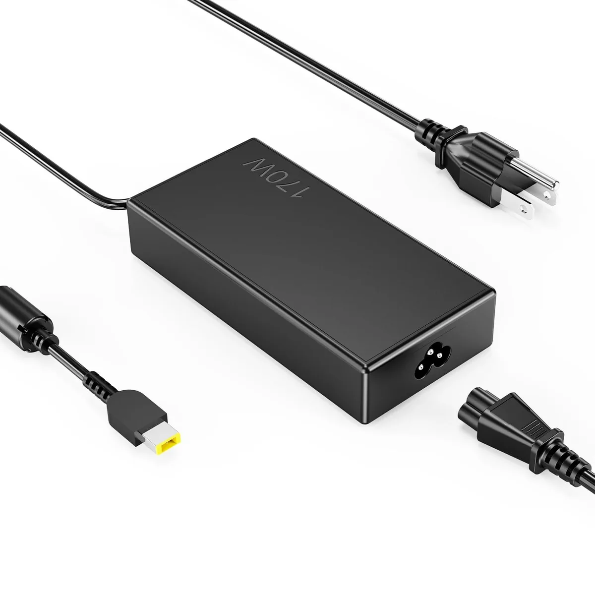 Black rectangular 170W AC adapter with yellow slim tip and corded electric design