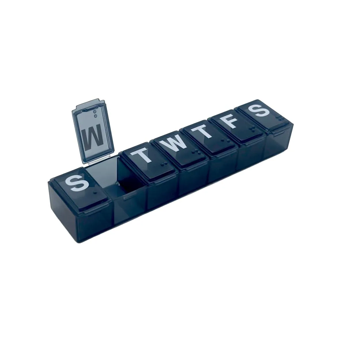 Black rectangular pill organiser with seven snap-shut compartments in a 12 pack