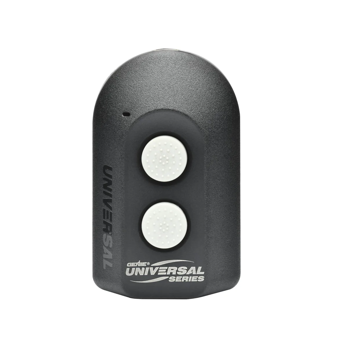 Small black two-button garage door remote with visor clip