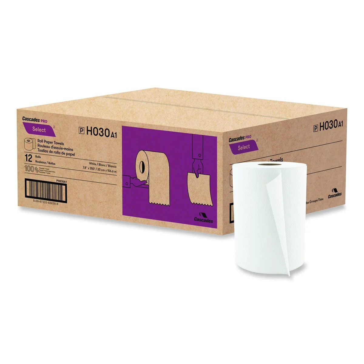 Cascades Cascades Pro Select Hardwound Paper Towel Rolls 1-Ply White 12 Rolls/Ctn H030 — product photo