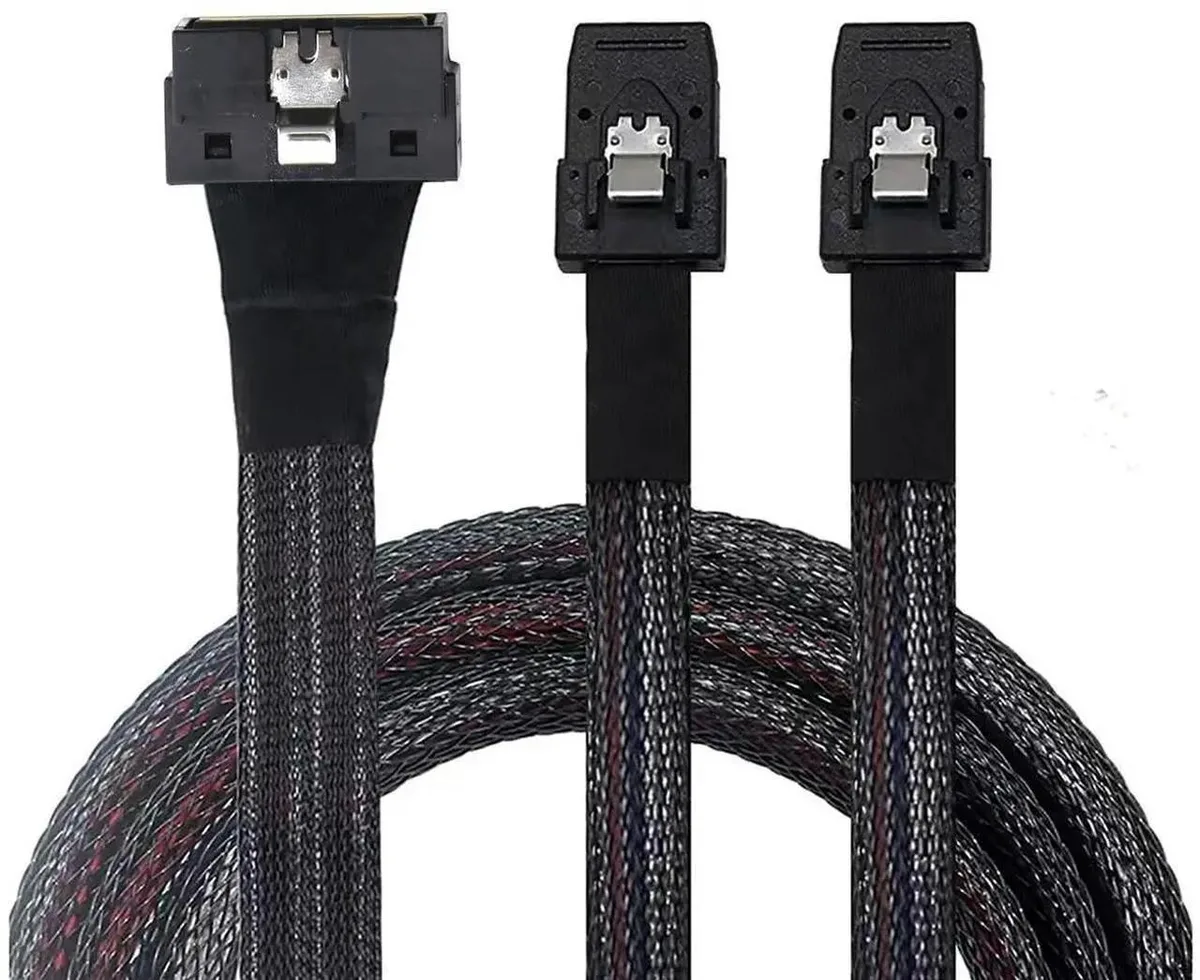 Slimline SFF8654 8i breakout cable to dual SFF8087 MiniSAS connectors, low-profile 30AWG copper, .8M length