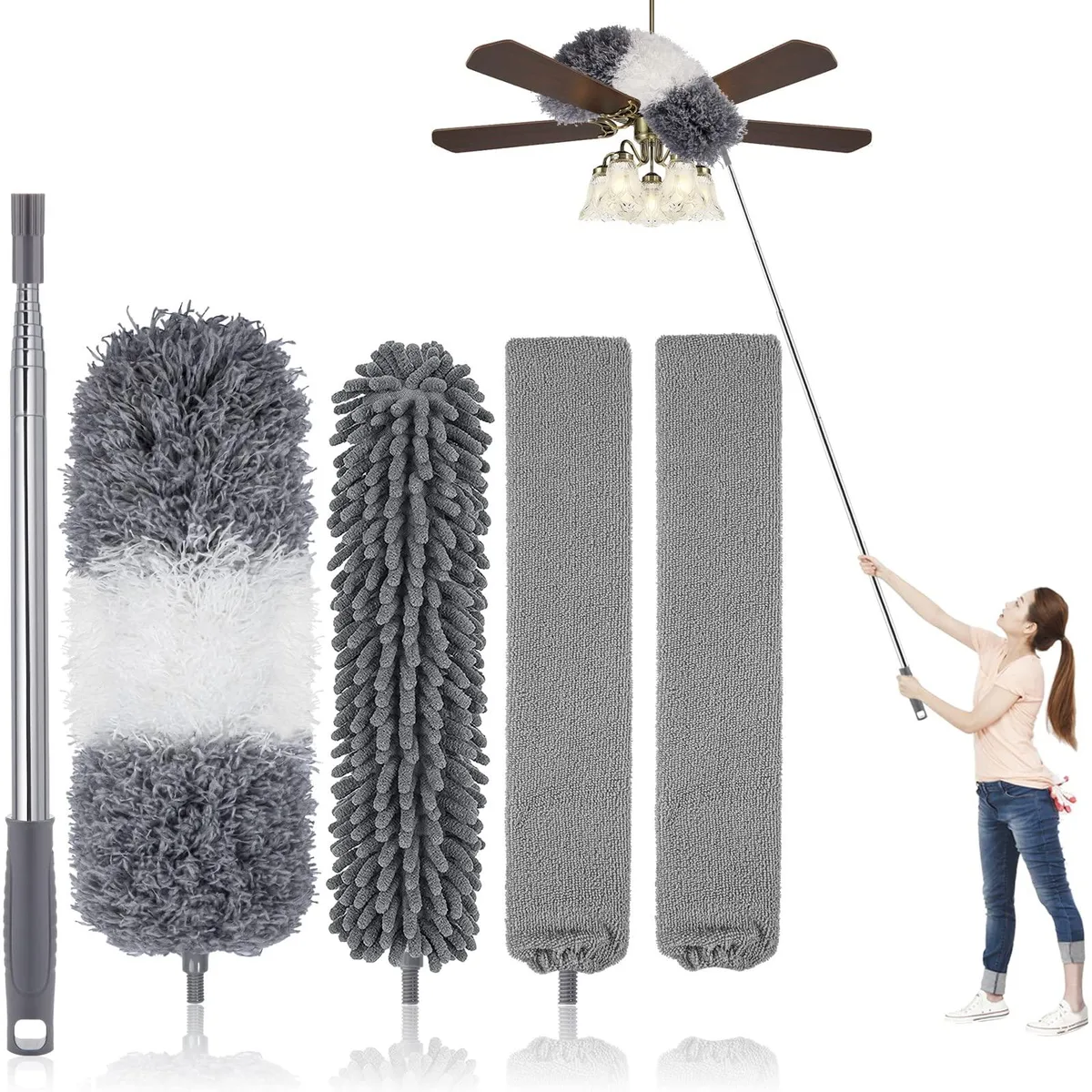 Five-piece microfiber duster kit with telescoping stainless steel pole extending 30 to 100 inches, bendable washable heads