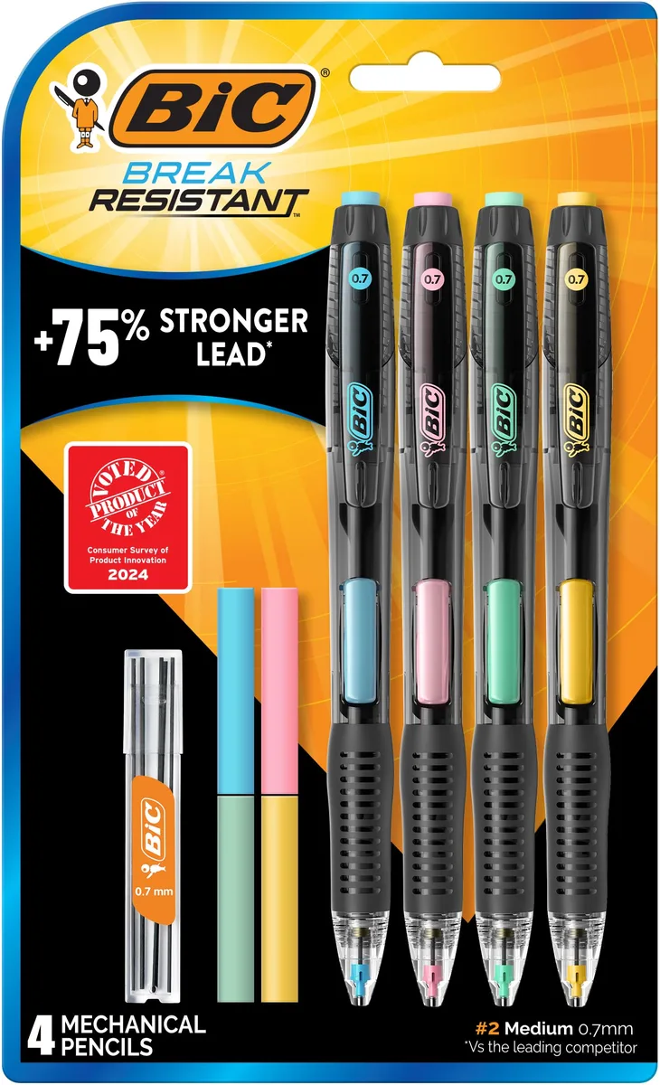 Four black mechanical pencils in a clear pack