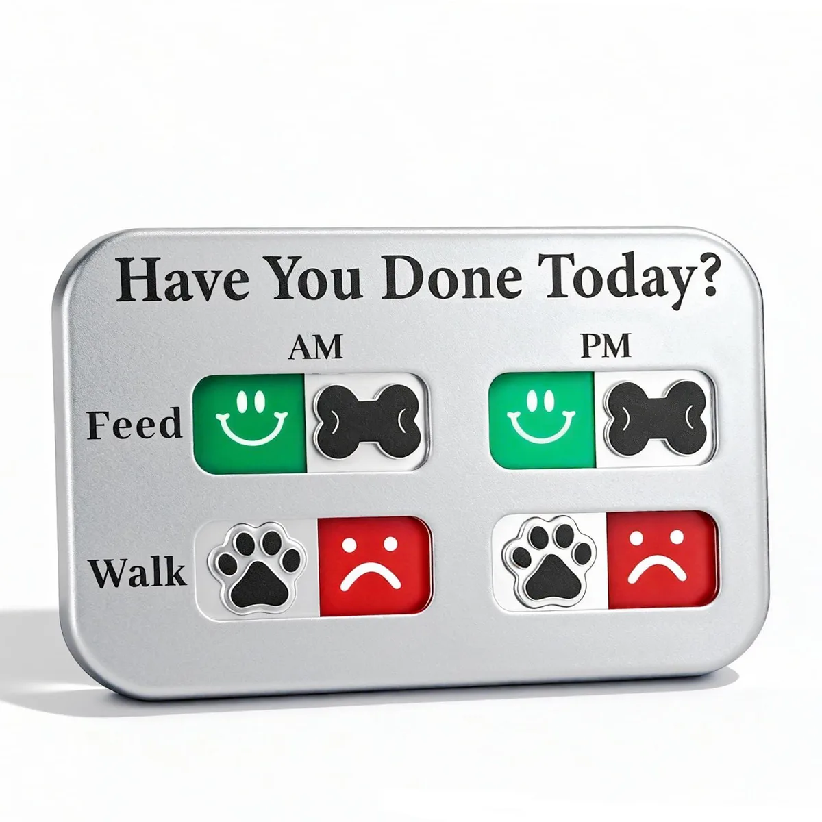 Silver magnetic pet feeding reminder chart with AM/PM sliding indicators for tracking meals and walks
