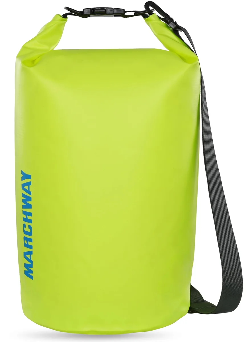 Bright yellow 5L cylindrical dry bag with roll-top closure and buckle, PVC material, removable shoulder strap