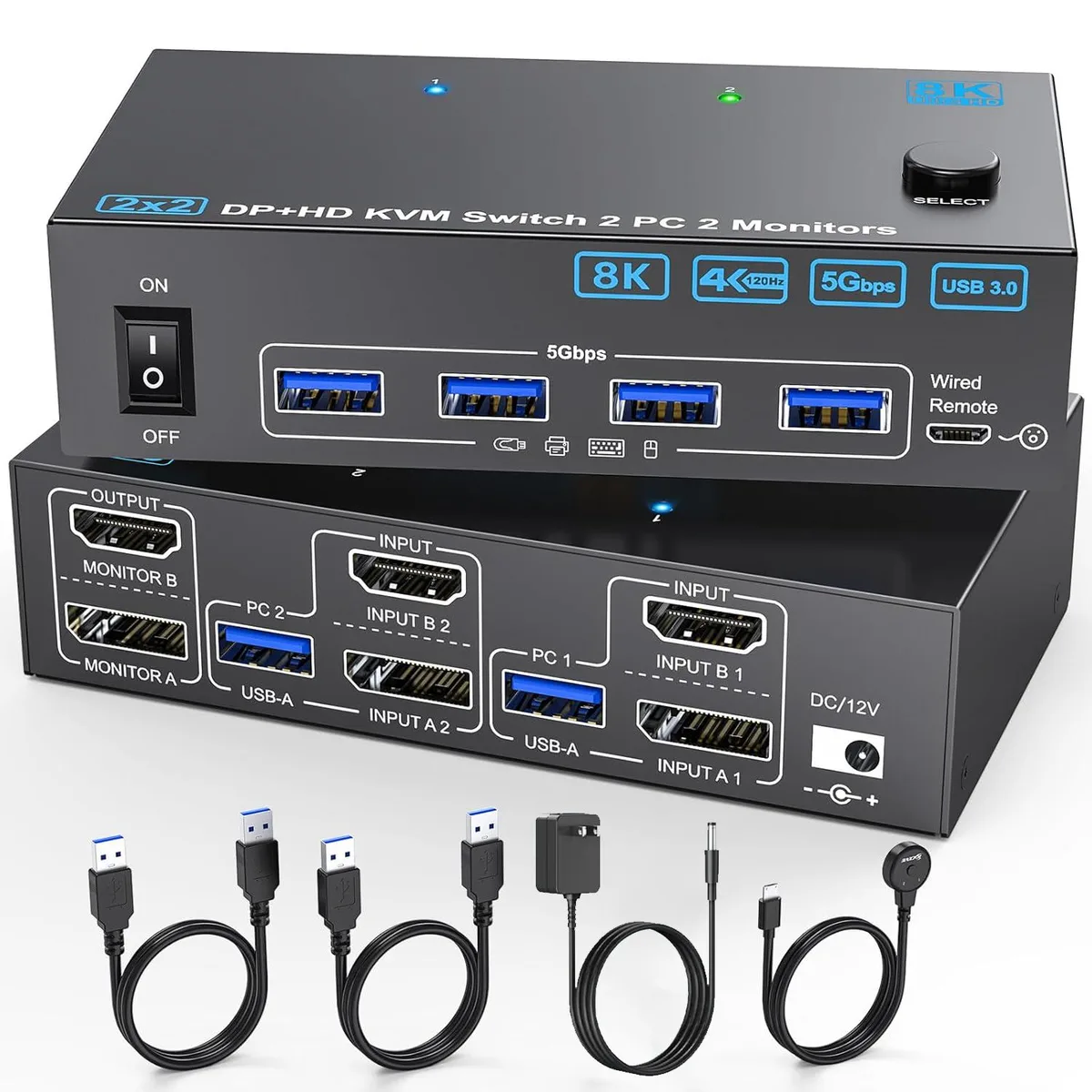 IHDAPP IHDAPP HDMI+DP KVM Switch 2 PC 2 Mon 8K@60Hz 4K@144Hz 4 USB 3.0 — product photo