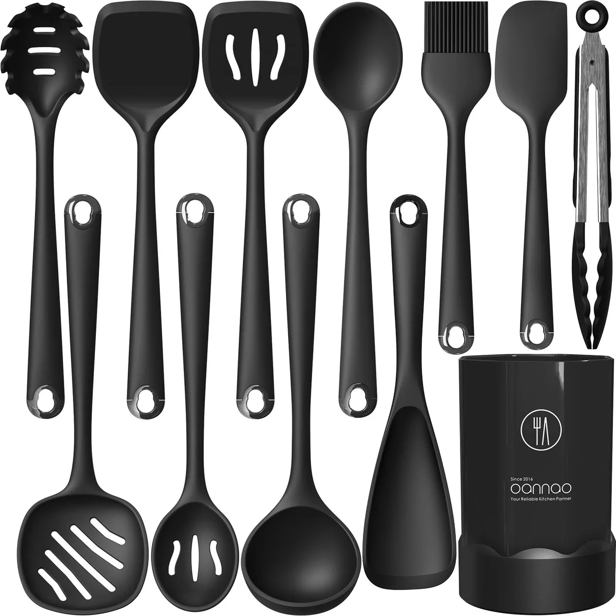 Black 12-piece silicone utensil set in countertop holder