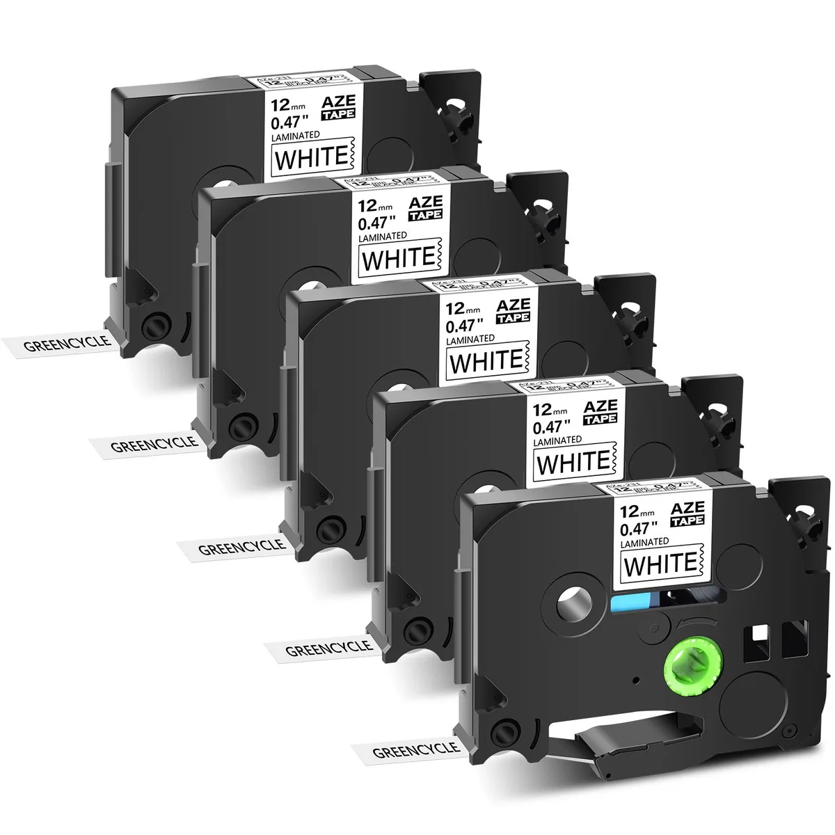 GREENCYCLE GREENCYCLE TZe-231 Black on White Laminated Label Tape 12mm 8m 5 Pack — product photo