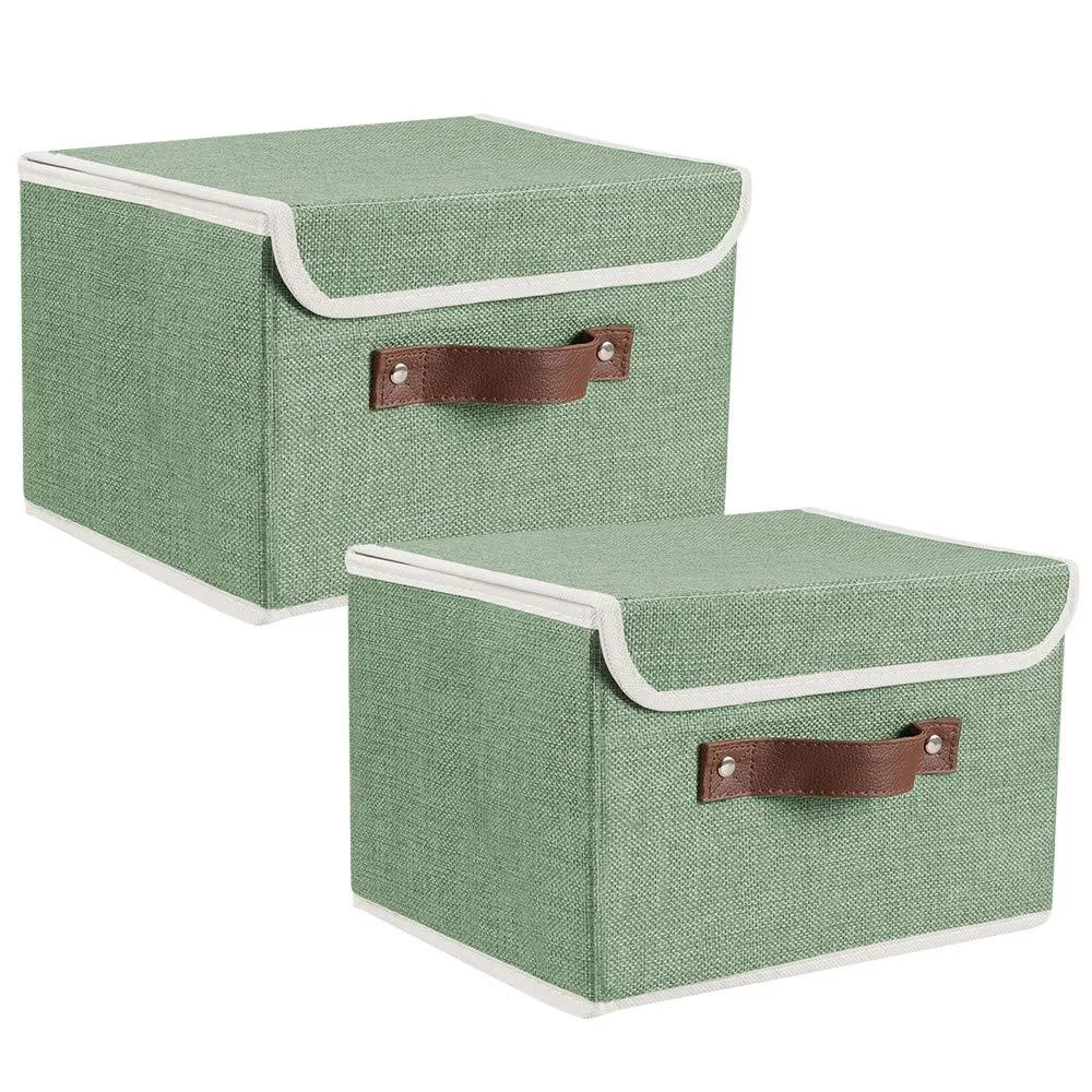 Two green fabric storage bins, one 10 inch and one 15 inch, collapsible with lids and faux leather handles