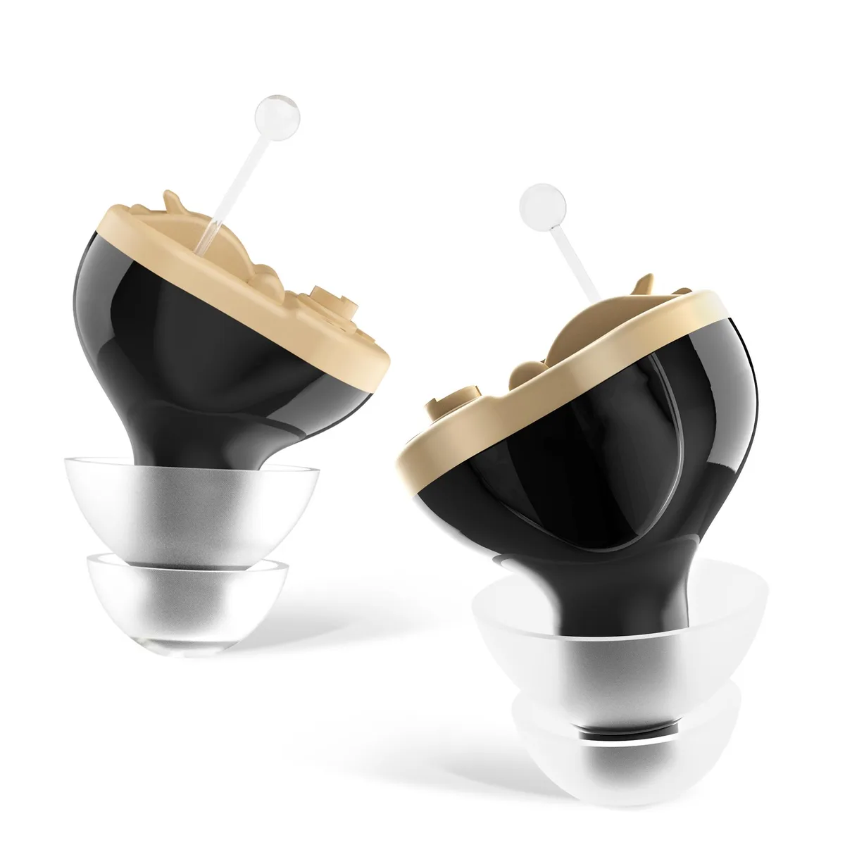 Pair of black mini in-canal hearing amplifiers with 12 domes and 10 batteries