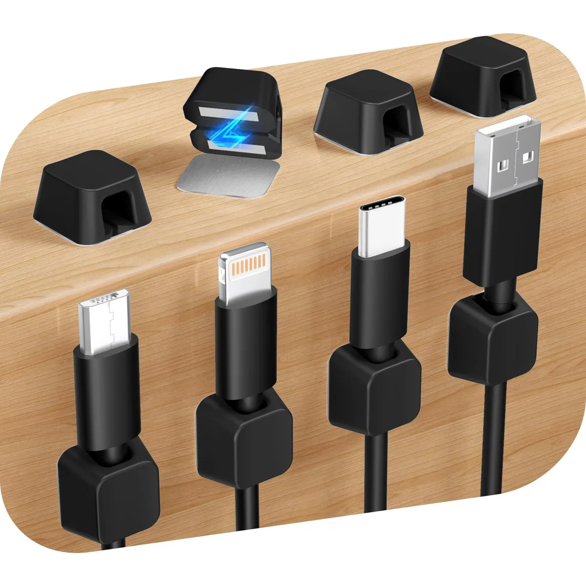 Small black silicone magnetic cord holder with adhesive base