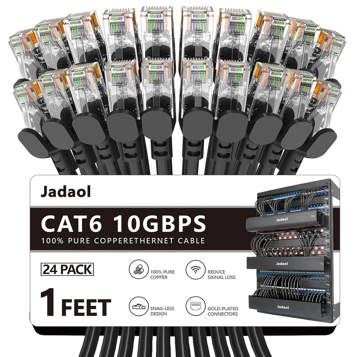 Twenty-four black Cat6 Ethernet cables one foot long