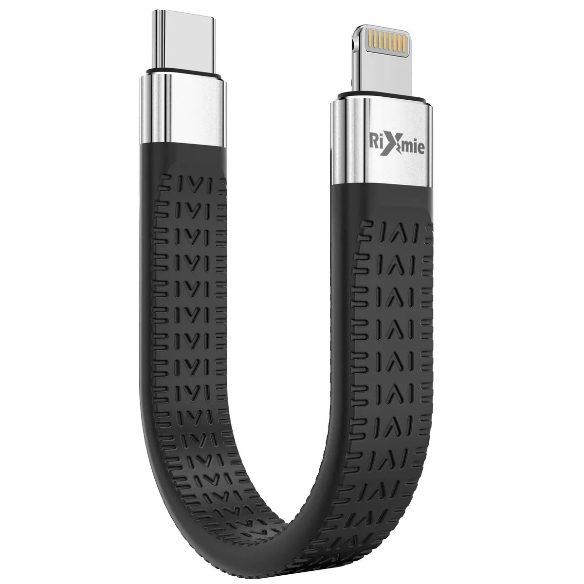 Short black USB-C to Lightning cable with compact connectors