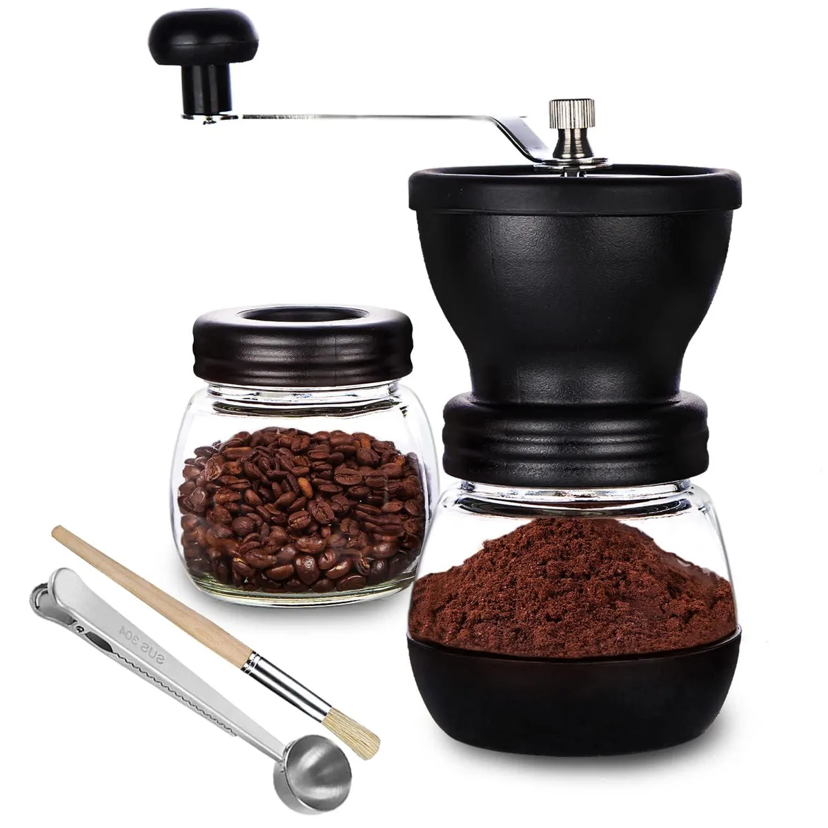 PARACITY Manual Coffee Grinder Ceramic Burr 2 Glass Jars 11oz Stainless Handle — product photo