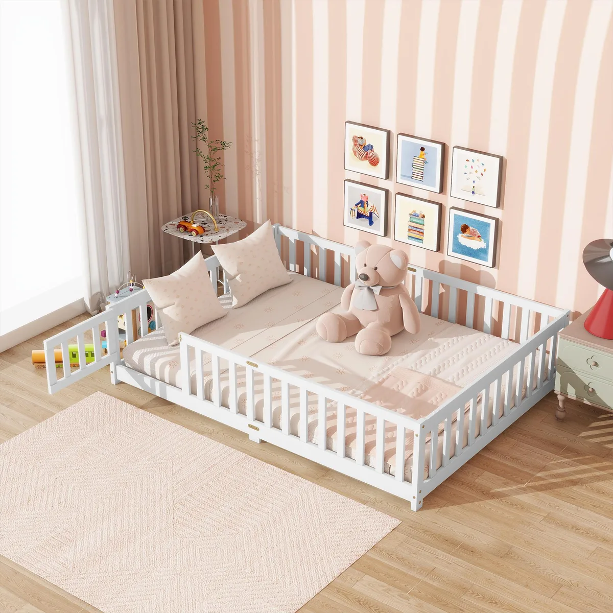 White rubber wood floor bed with full fence and hinged door