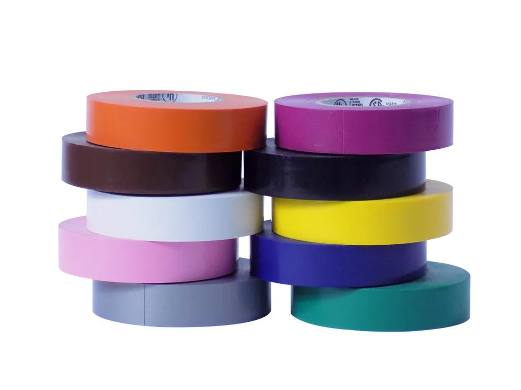Ten rolls of electrical tape in assorted colours, each in a clear cello wrapper