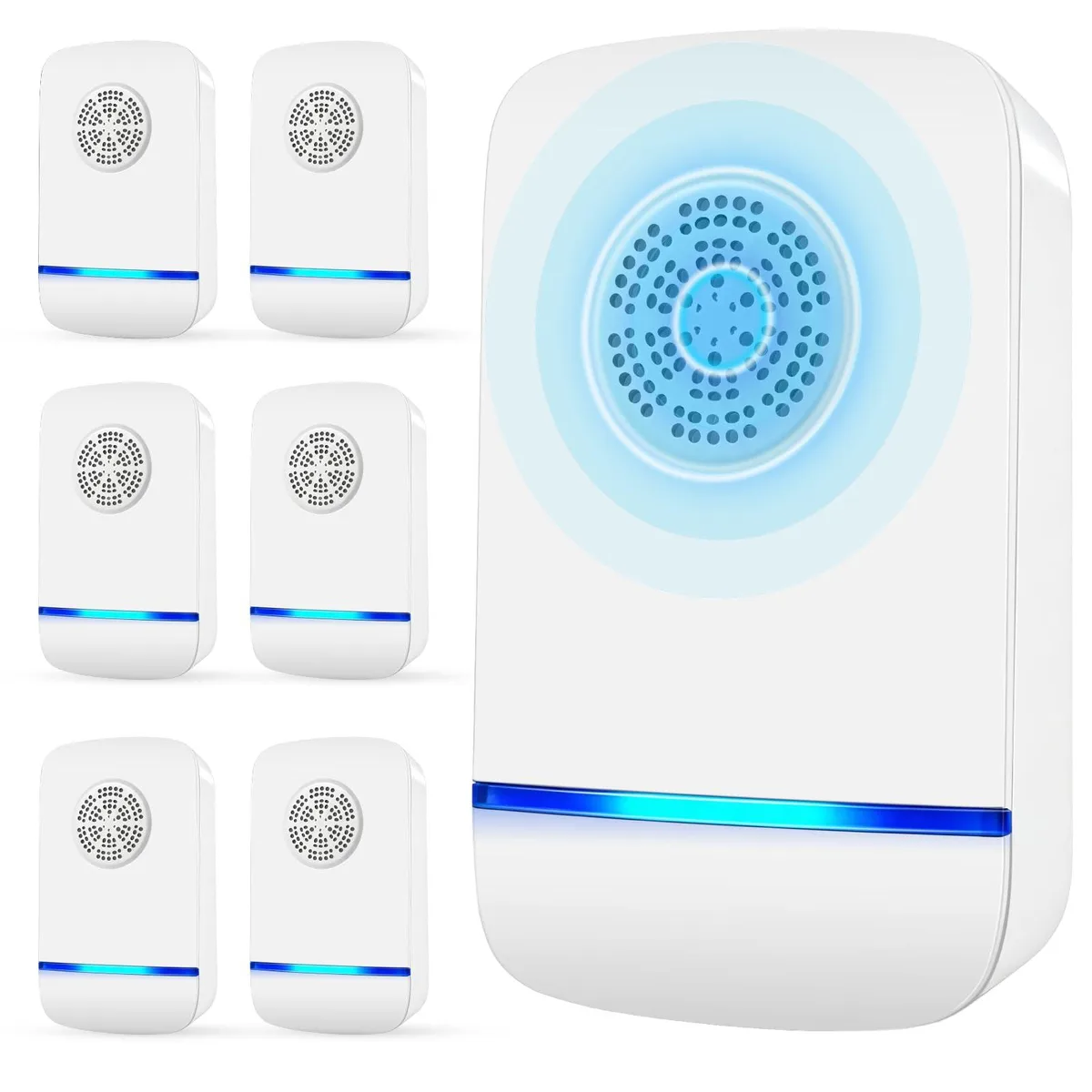 Six white ultrasonic pest repellers with plug-in prongs