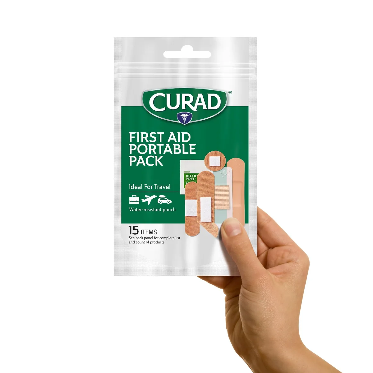 Compact white first-aid case with resealable lid, 12 packs of 15 bandages inside