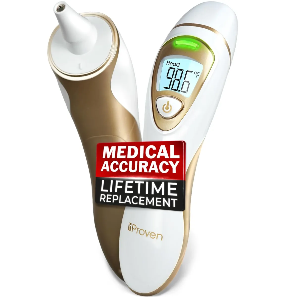 White-gold handheld thermometer with probe tip and display