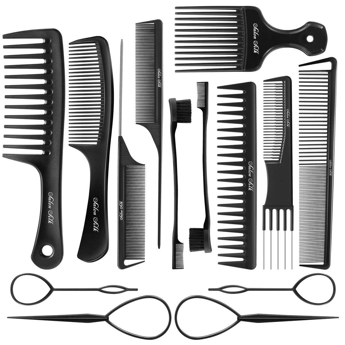 Fourteen carbon-fiber hair combs in assorted styles, matte black finish