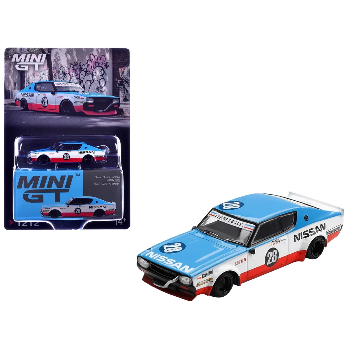 True True Nissan Skyline Kenmeri RHD #28 Liberty Walk 1975 Concept Blue White Red 1/64 Diecast Hobby Collectible — product photo