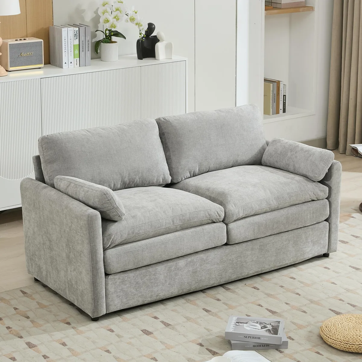 Light grey chenille loveseat with double cushions and curved armrests