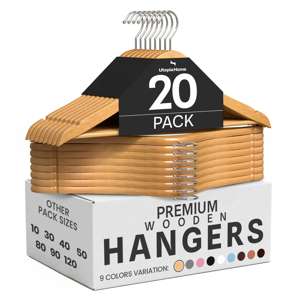 Twenty natural wooden suit hangers with rotating chrome hooks