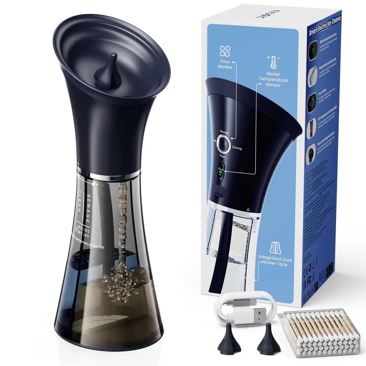 Transparent electric ear flush kit with integrated tank and nozzle