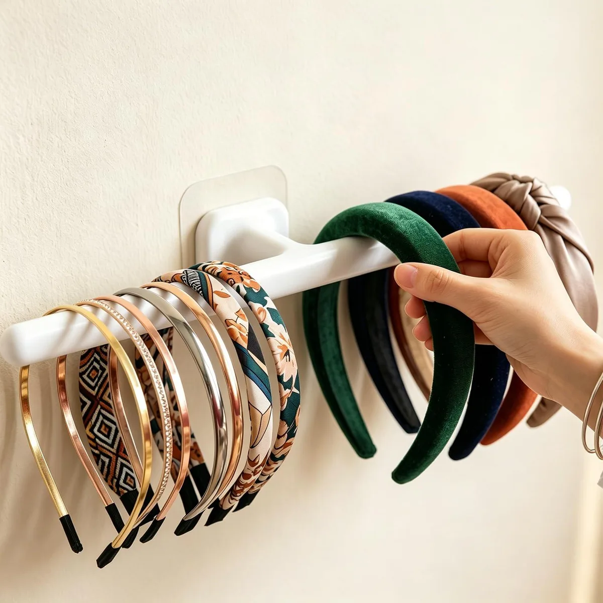 White ABS plastic wall-mounted hair accessory organiser with raised-tip bars, self-adhesive mounting